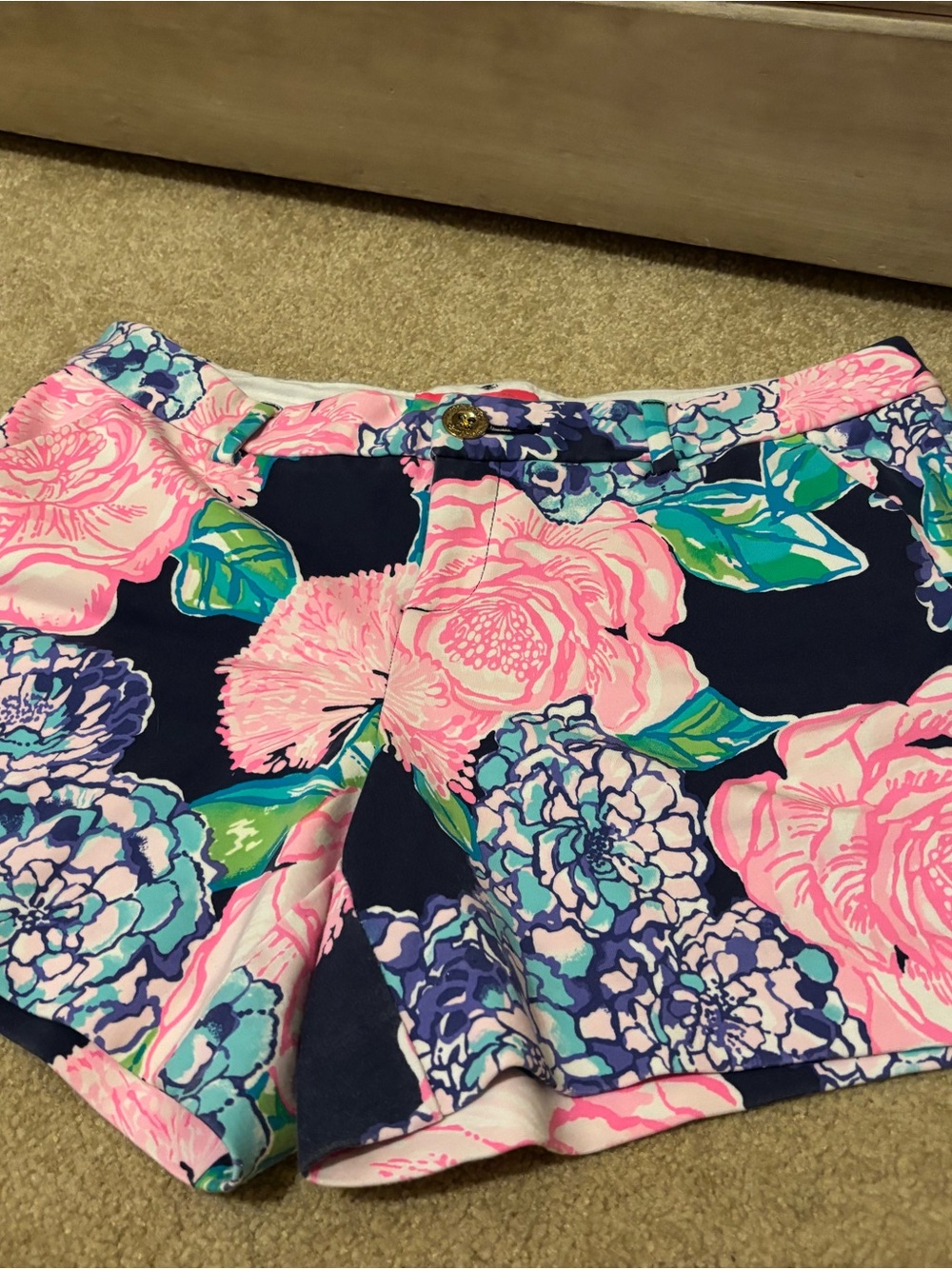Lilly Pulitzer Navy Floral High-Waist Shorts with Pink & Teal Blooms